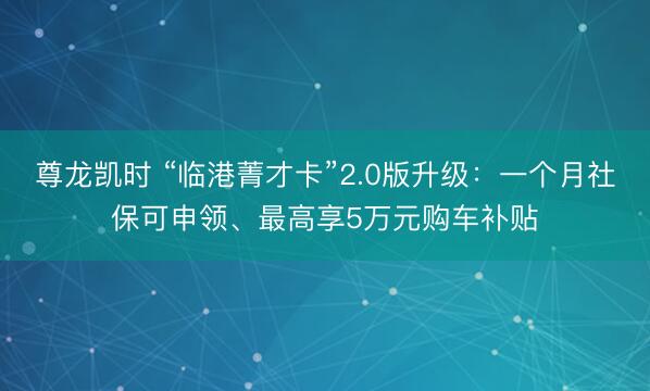尊龙凯时 “临港菁才卡”2.0版升级：一个月社保可申领、最高享5万元购车补贴